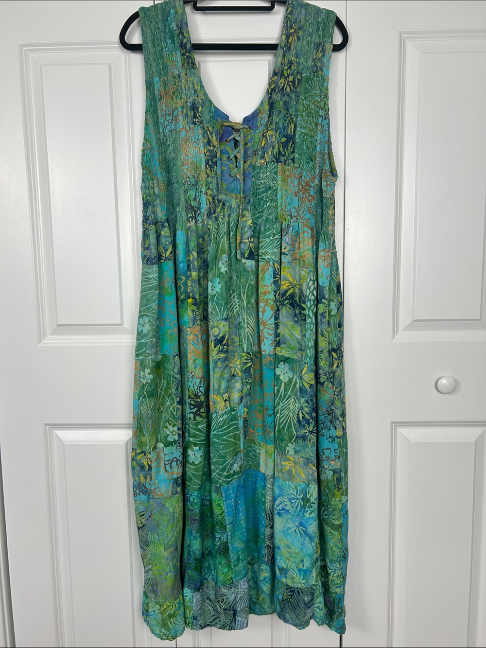 Boho Green Tie-Front Women’s Tie Dye Patchwork Dress Size 2X
